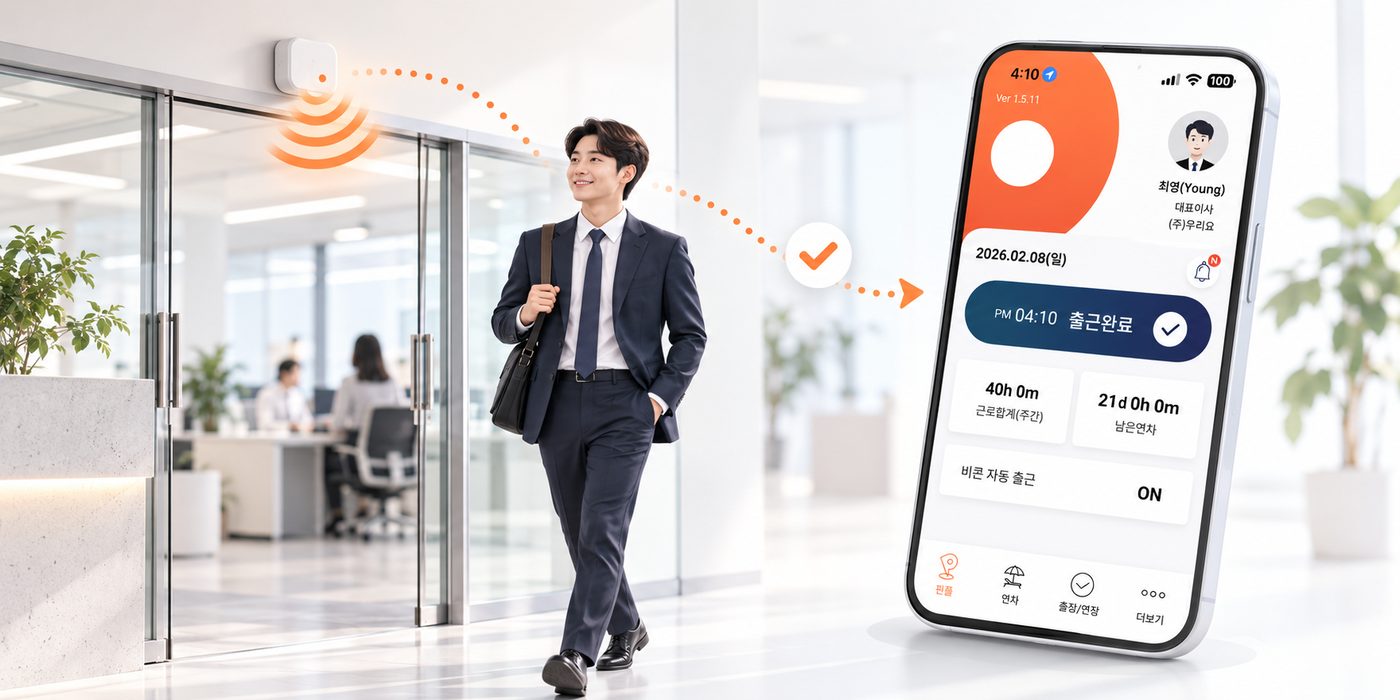 핀플 비콘 자동출근과 근로자 앱 잔여 연차 확인 기능을 보여주는 메인 설명 이미지