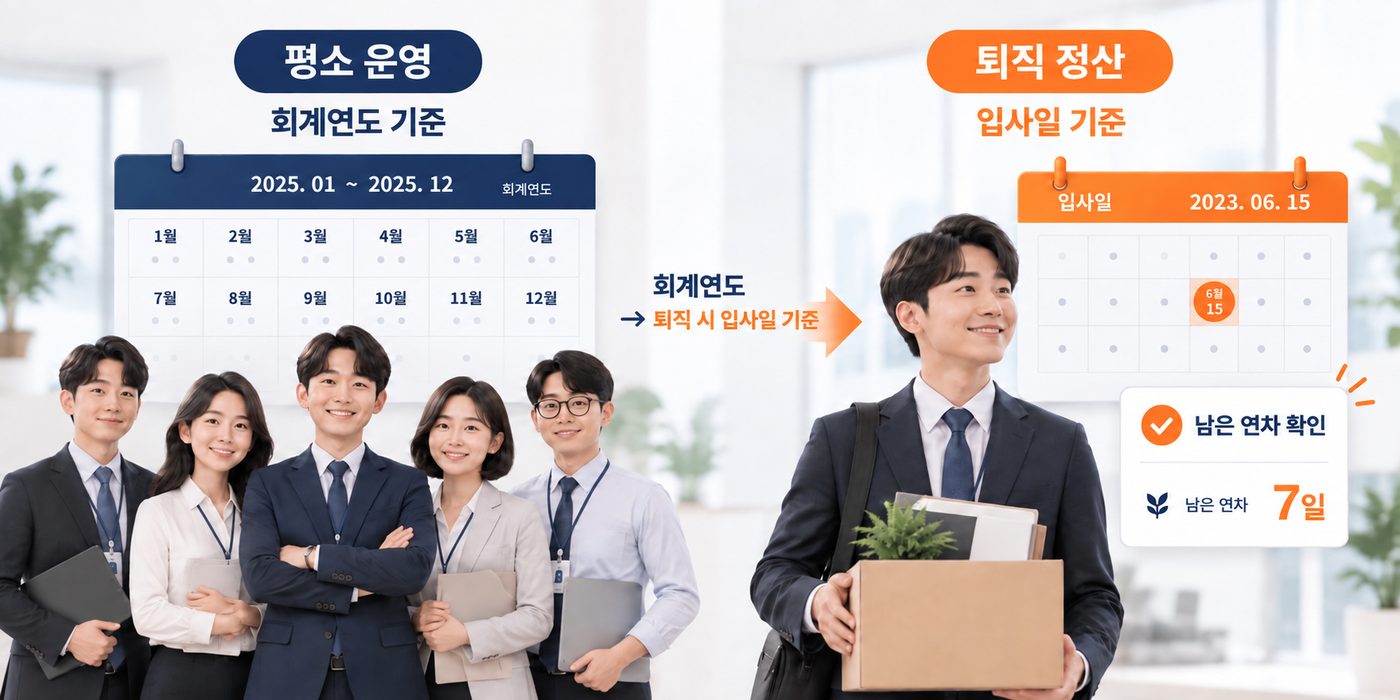 평소 회계연도 기준으로 관리하다 퇴직 시 입사일 기준 잔여 연차를 확인하는 과정을 대비로 보여주는 설명 이미지